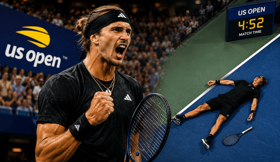 Александър Зверев по време на петсетовия мач срещу Лоренцо Сонего на US Open 2026