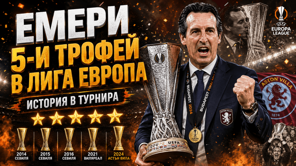 Колаж на Унай Емери с петте спечелени трофея в Лига Европа